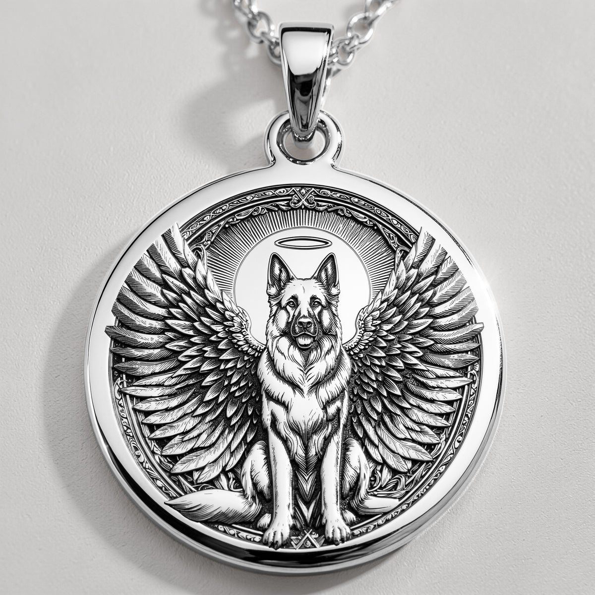 Angel Guardian German Shepherd Medallion Pendants 925 925 Sterling Silver winged dog pendant necklace with oval frame and detailed engraving.