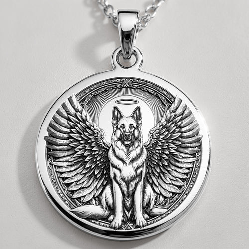 Angel Guardian German Shepherd Medallion Pendants 925 925 Sterling Silver winged dog pendant necklace with oval frame and detailed engraving.