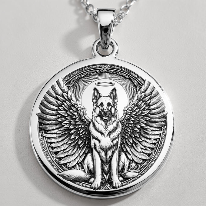 Angel Guardian German Shepherd Medallion Pendants 925 925 Sterling Silver winged dog pendant necklace with oval frame and detailed engraving.