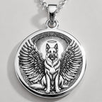 Angel Guardian German Shepherd Medallion Pendants 925 925 Sterling Silver winged dog pendant necklace with oval frame and detailed engraving.