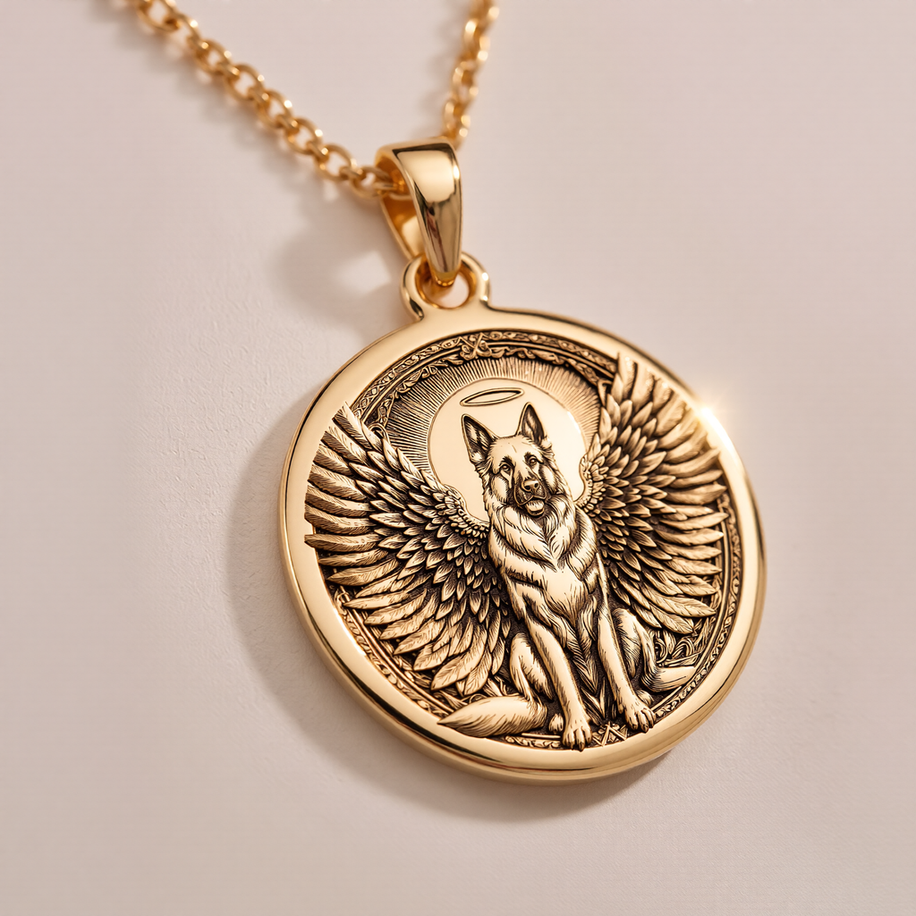 Angel Guardian German Shepherd Medallion Pendants 14K 14K Gold Plated winged dog pendant necklace with circular frame