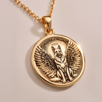 Angel Guardian German Shepherd Medallion Pendants 14K 14K Gold Plated winged dog pendant necklace with circular frame