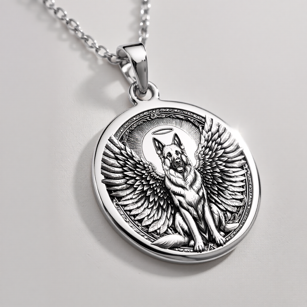Angel Guardian German Shepherd Medallion Pendants 925 925 Sterling Silver winged dog pendant necklace featuring an angelic design.