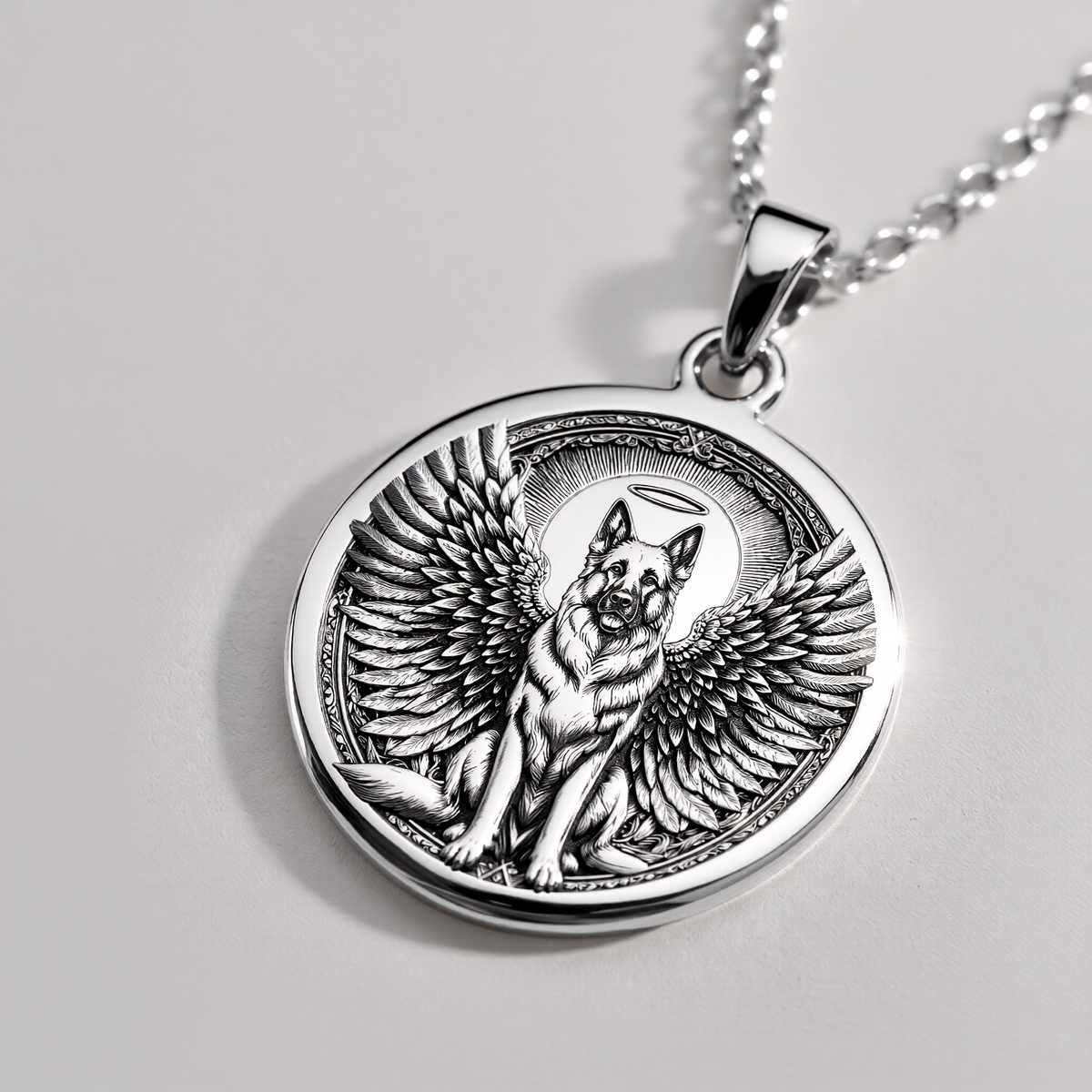 Angel Guardian German Shepherd Medallion Pendants 925 925 Sterling Silver winged dog pendant necklace with circular design