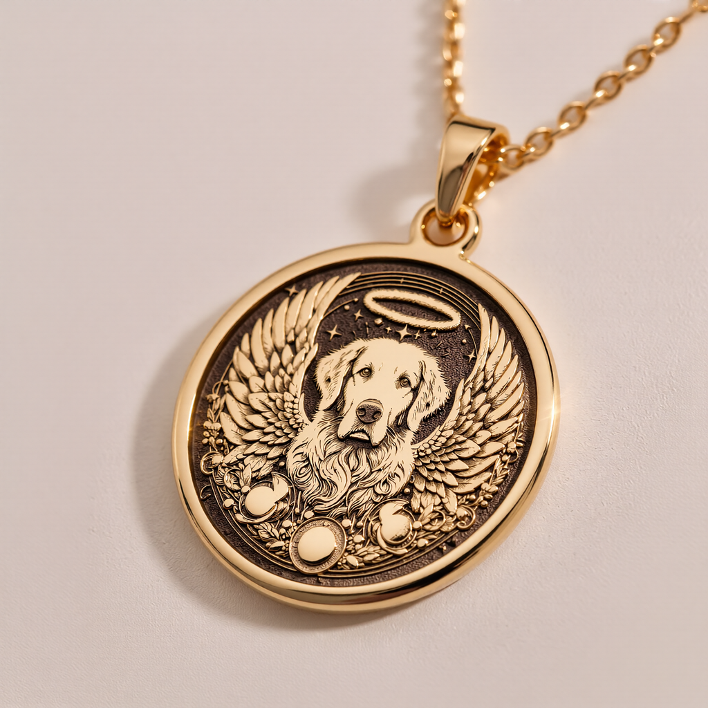 Angel Guardian Golden Retriever Medallion Pendants 14K 14K Gold Plated winged dog pendant with halo design necklace