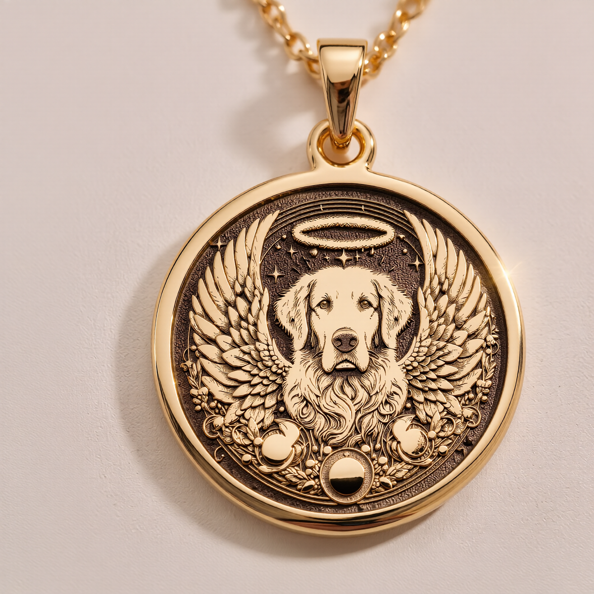 Angel Guardian Golden Retriever Medallion Pendants 14K 14K Gold Plated dog with wings pendant necklace featuring a circular frame.