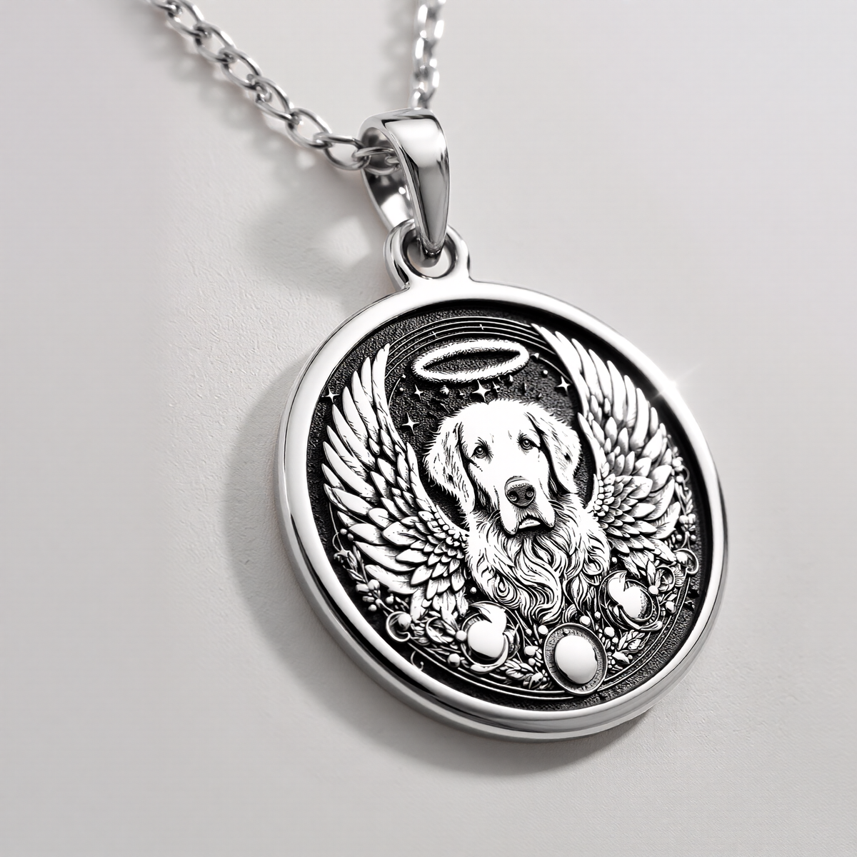 Angel Guardian Golden Retriever Medallion Pendants 925 925 Sterling Silver sterling silver winged dog pendant with halo design necklace