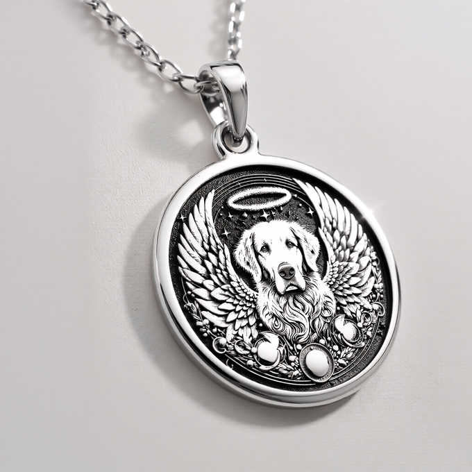 Angel Guardian Golden Retriever Medallion Pendants 925 925 Sterling Silver sterling silver winged dog pendant with halo design necklace