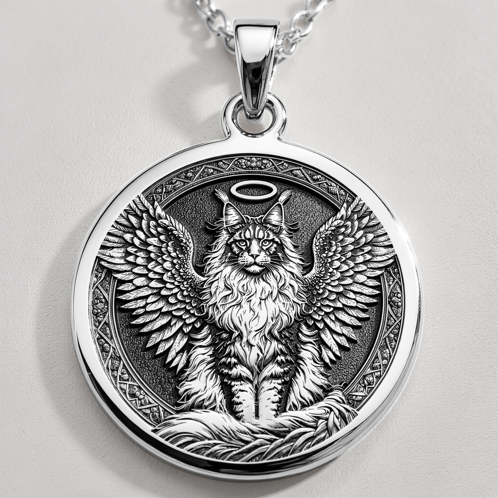 Angel Cat Maine Coon Medallion Pendants 925 925 Sterling Silver sterling silver winged feline pendant with crown in a circular frame necklace