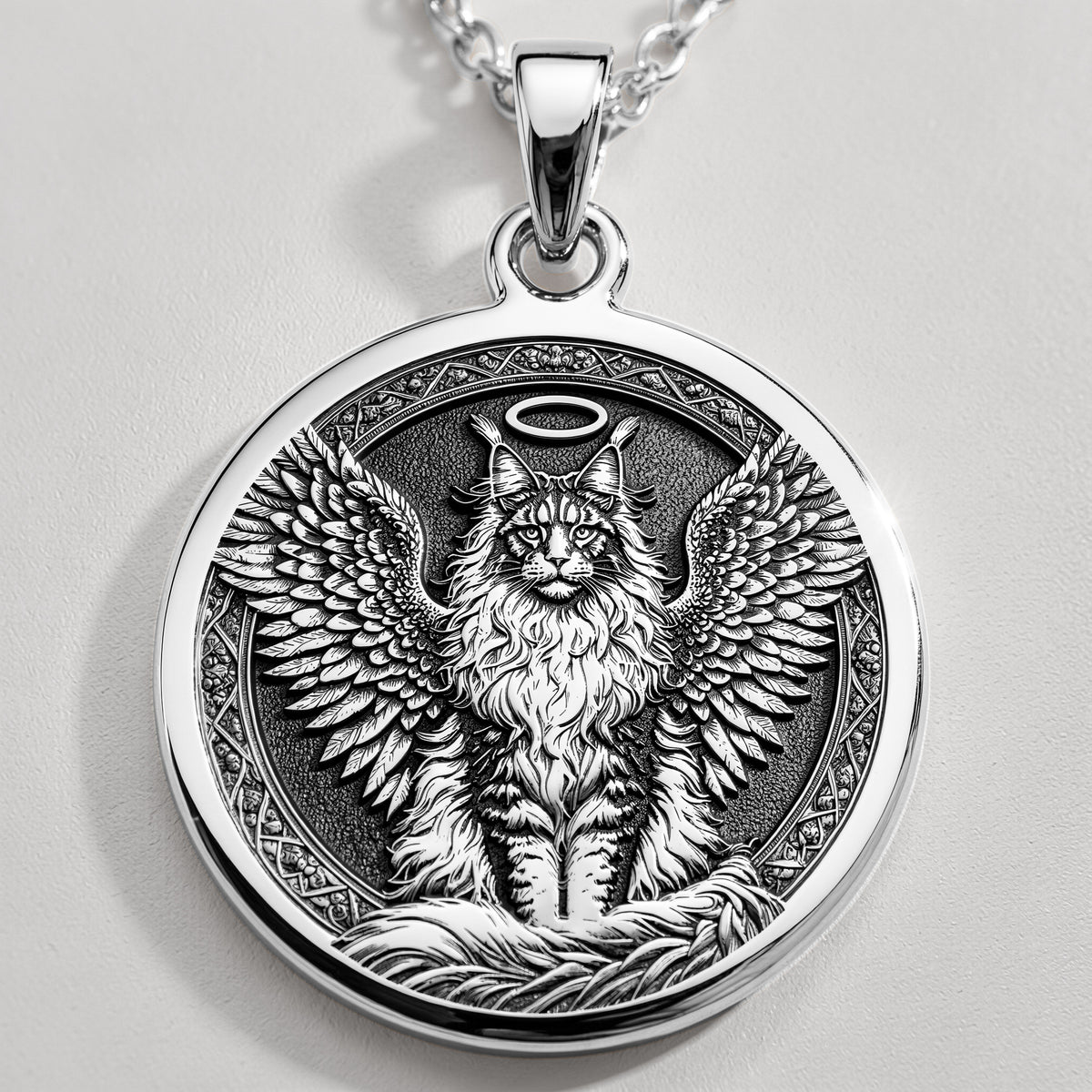 Angel Cat Maine Coon Medallion Pendants 925 925 Sterling Silver sterling silver winged feline pendant with crown in a circular frame necklace