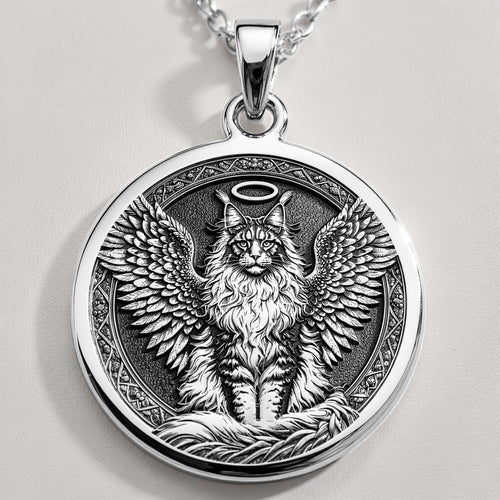 Angel Cat Maine Coon Medallion Pendants 925 925 Sterling Silver sterling silver winged feline pendant with crown in a circular frame necklace