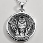 Angel Cat Maine Coon Medallion Pendants 925 925 Sterling Silver sterling silver winged feline pendant with crown in a circular frame necklace