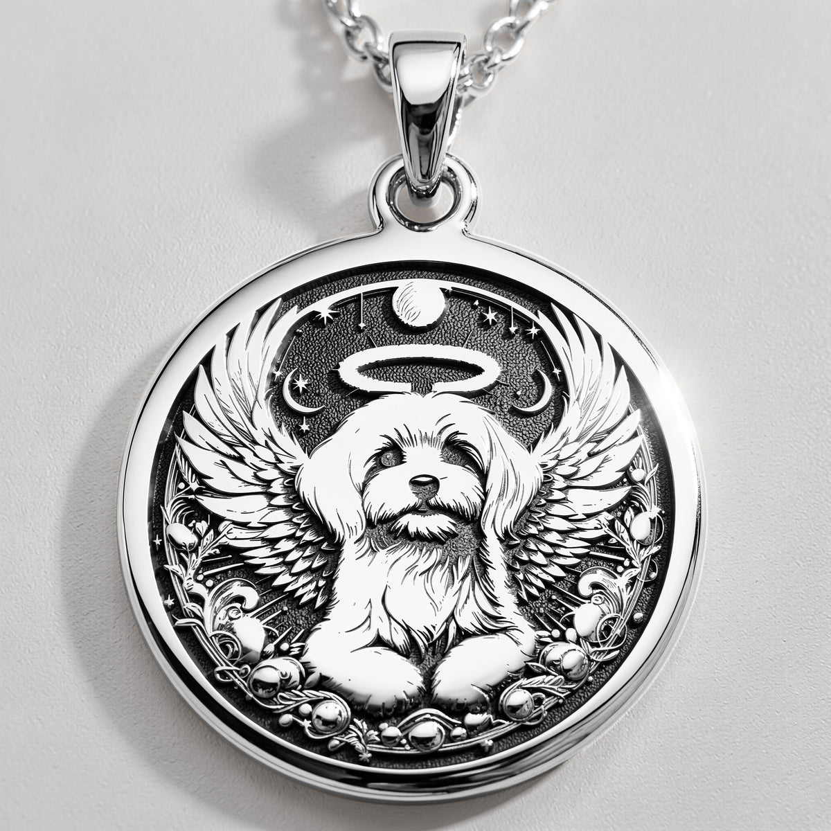 Angel Dog Rainbow Bridge Medallion Pendants 925 925 Sterling Silver winged dog pendant with halo and stars necklace