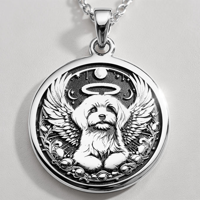 Angel Dog Rainbow Bridge Medallion Pendants 925 925 Sterling Silver winged dog pendant with halo and stars necklace