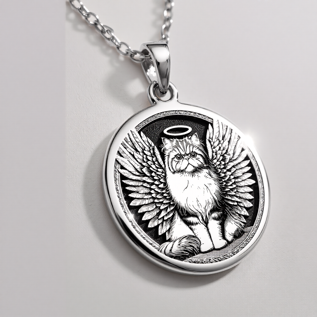 sterling silver necklace Persian Cat Angel Medallion | & Options - Pet Memorial Rainbow Bridge Talisman lion - view 2