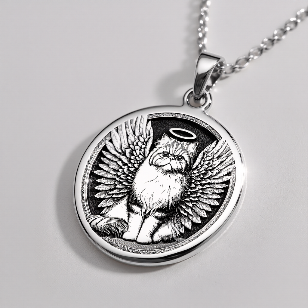 sterling silver necklace Persian Cat Angel Medallion | & Options - Pet Memorial Rainbow Bridge Talisman lion - view 3