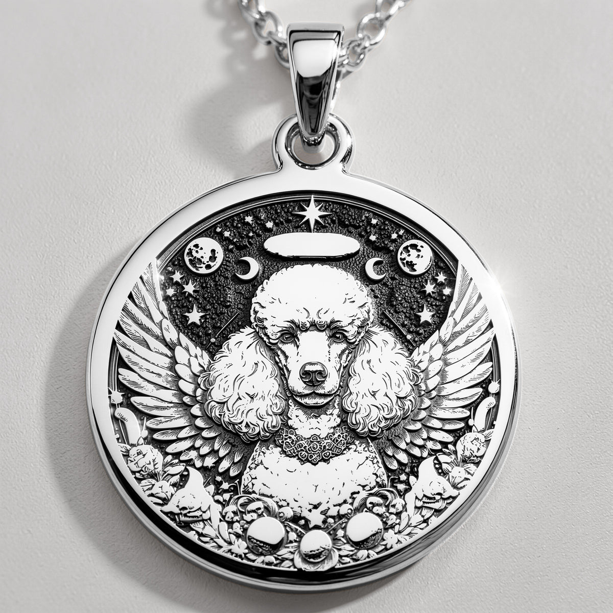 Angel Poodle Dog Medallion Pendant Pendants 925 925 Sterling Silver dog with wings and moons pendant necklace