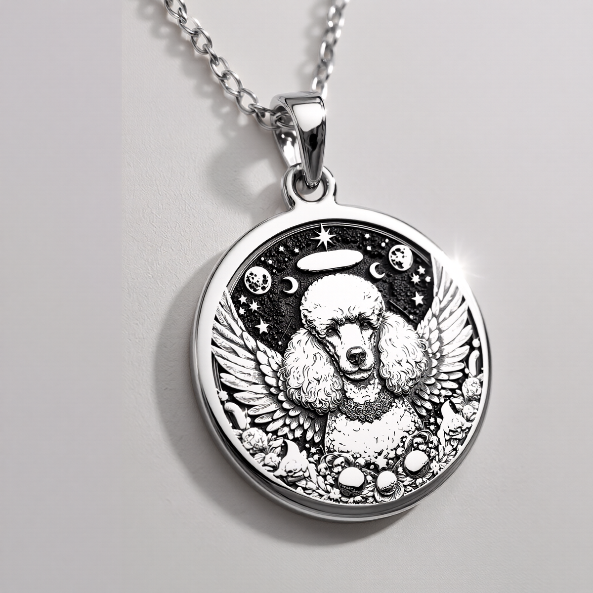 Angel Poodle Dog Medallion Pendant Pendants 925 925 Sterling Silver winged dog pendant with stars and moon design necklace