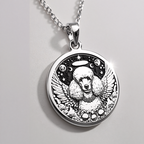 Angel Poodle Dog Medallion Pendant Pendants 925 925 Sterling Silver winged dog pendant with stars and moon design necklace