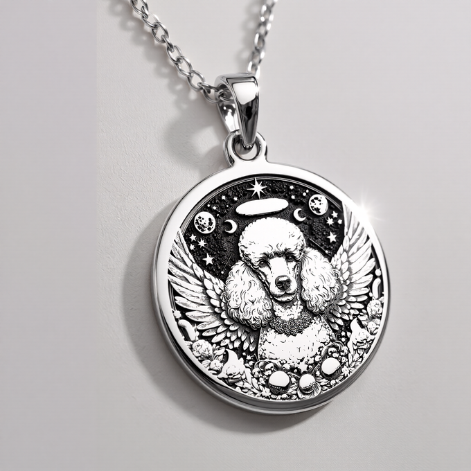 Angel Poodle Dog Medallion Pendant Pendants 925 925 Sterling Silver winged dog pendant with stars and moon design necklace