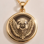 Angel Pug Dog Guardian Medallion Pendants 14K 14K Gold Plated winged dog face pendant necklace with ornate detailing