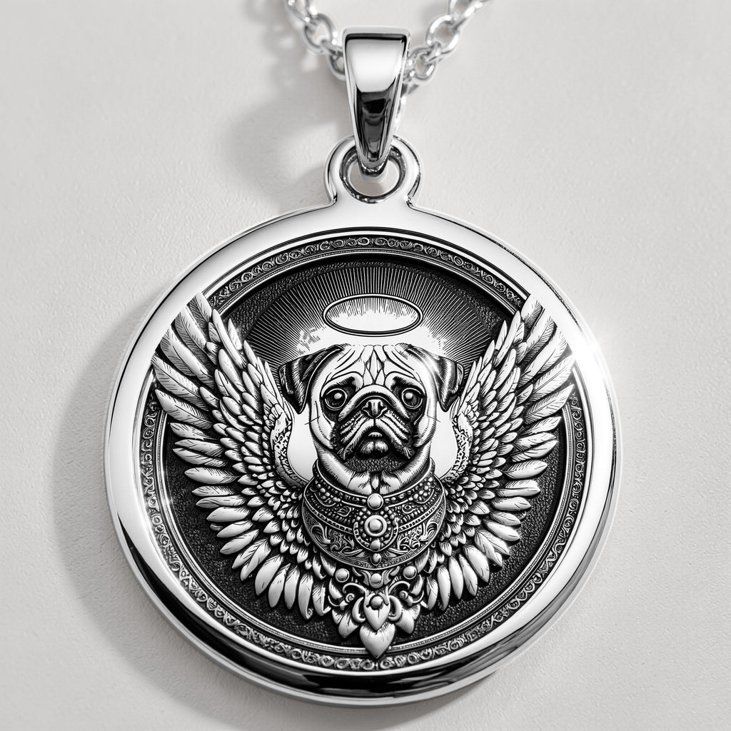 Angel Pug Dog Guardian Medallion Pendants 925 925 Sterling Silver winged bulldog pendant necklace with ornate scrollwork design