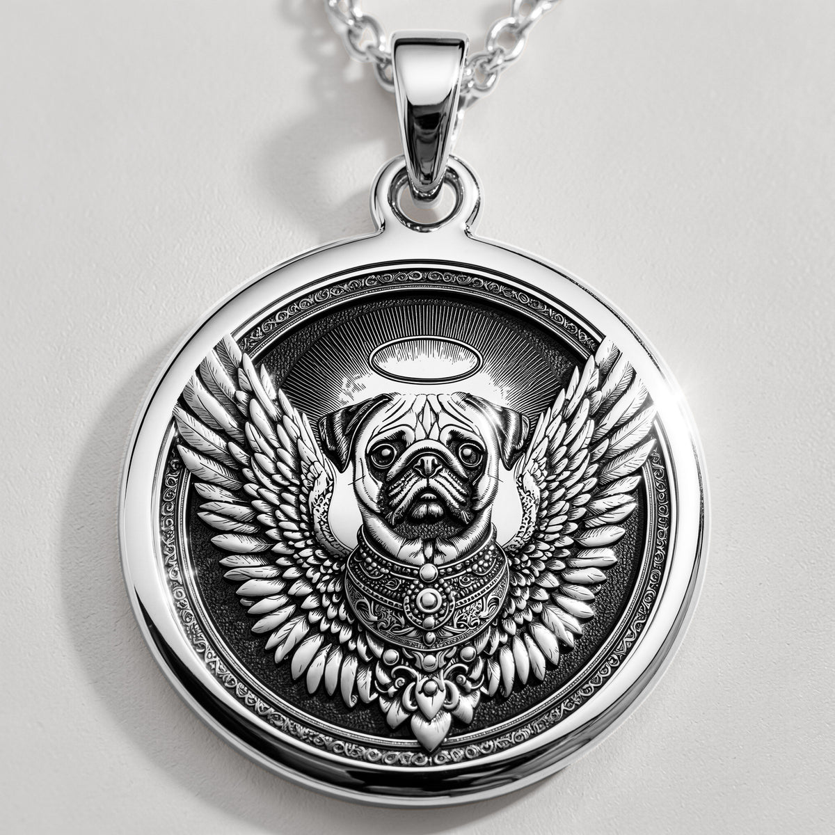Angel Pug Dog Guardian Medallion Pendants 925 925 Sterling Silver winged bulldog pendant necklace with ornate scrollwork design