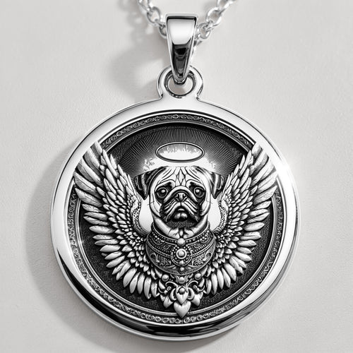 Angel Pug Dog Guardian Medallion Pendants 925 925 Sterling Silver winged bulldog pendant necklace with ornate scrollwork design