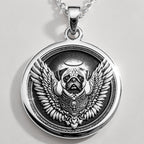 Angel Pug Dog Guardian Medallion Pendants 925 925 Sterling Silver winged bulldog pendant necklace with ornate scrollwork design