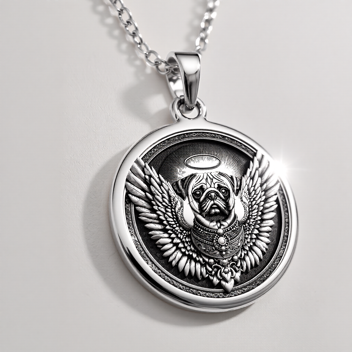 Angel Pug Dog Guardian Medallion Pendants 925 925 Sterling Silver winged dog heraldic pendant necklace with circular design
