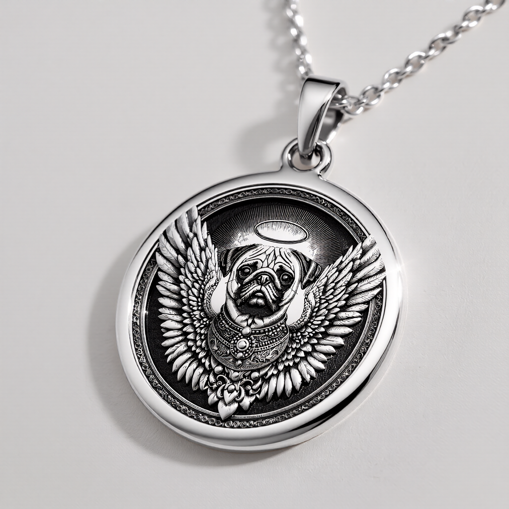 Angel Pug Dog Guardian Medallion Pendants 925 925 Sterling Silver winged dog pendant with halo design necklace