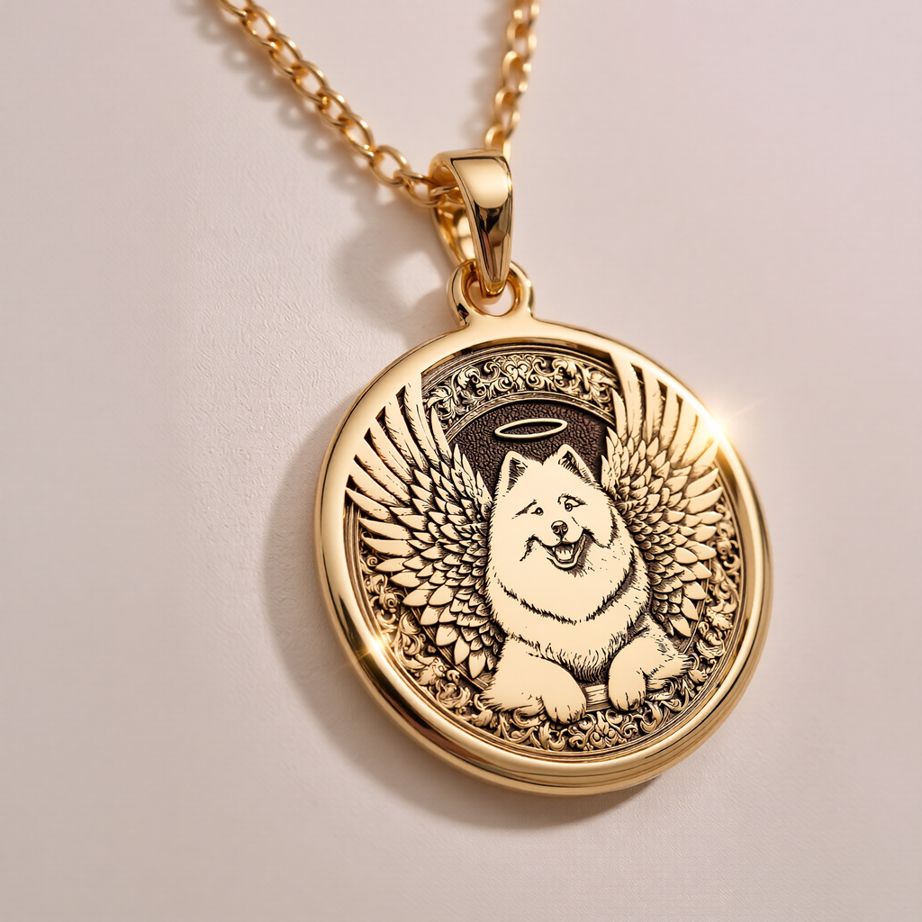 Angel Dog Samoyed Medallion Pendants 14K 14K Gold Plated dog with wings pendant necklace, round shape, detailed illustration