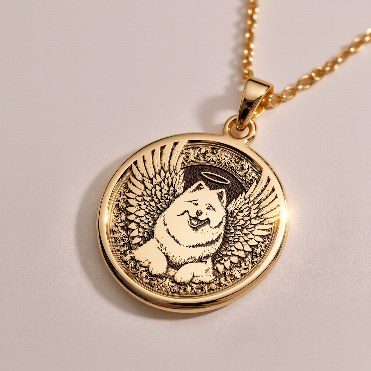 Angel Dog Samoyed Medallion Pendants 14K 14K Gold Plated dog with wings circular pendant necklace