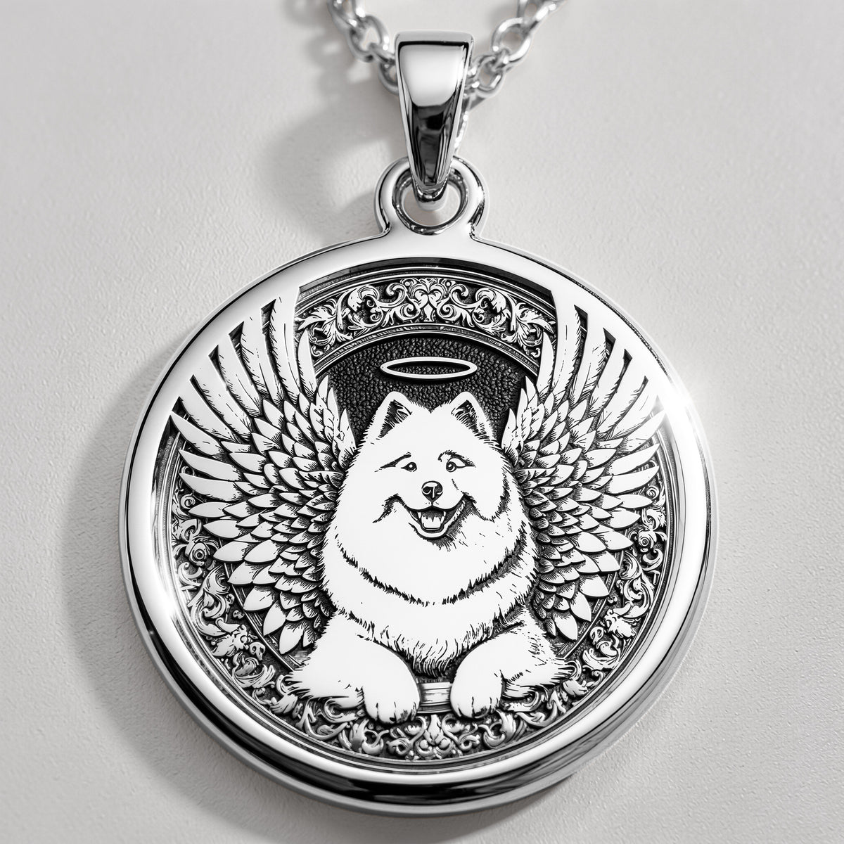 Angel Dog Samoyed Medallion Pendants 925 925 Sterling Silver dog with wings pendant necklace featuring ornate scrollwork