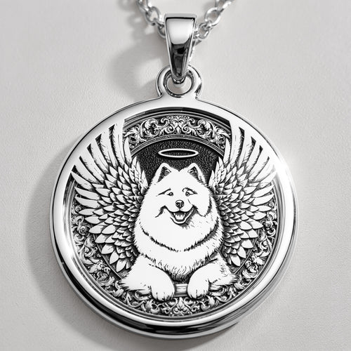 Angel Dog Samoyed Medallion Pendants 925 925 Sterling Silver dog with wings pendant necklace featuring ornate scrollwork