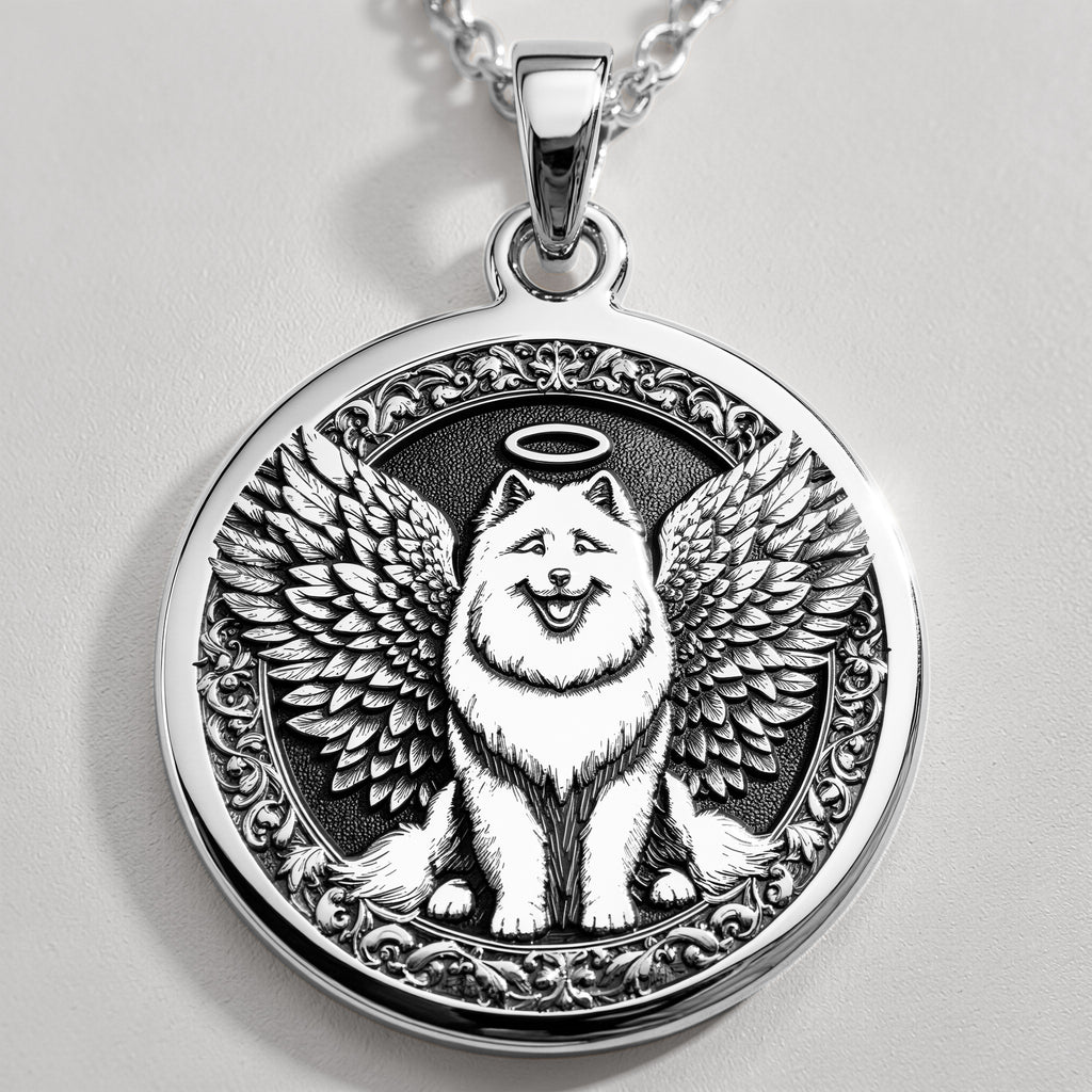 Angel Dog Samoyed Medallion Pendants 925 925 Sterling Silver winged dog pendant with halo in an ornate circular frame necklace