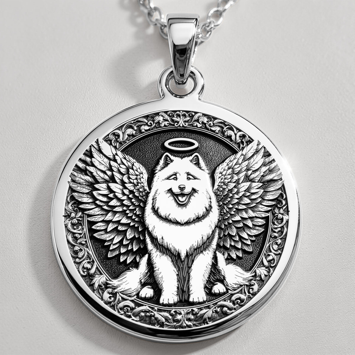 Angel Dog Samoyed Medallion Pendants 925 925 Sterling Silver winged dog pendant with halo in an ornate circular frame necklace