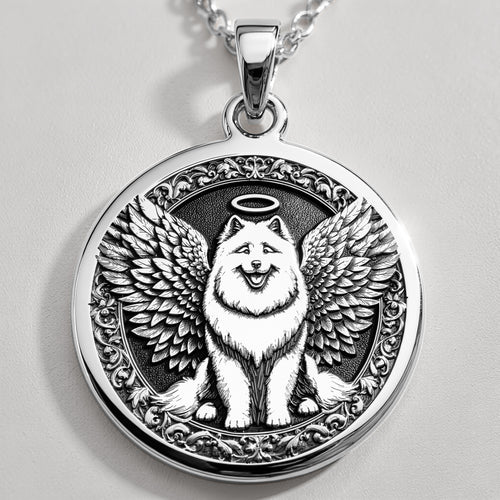 Angel Dog Samoyed Medallion Pendants 925 925 Sterling Silver winged dog pendant with halo in an ornate circular frame necklace