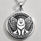 Angel Dog Samoyed Medallion Pendants 925 925 Sterling Silver winged dog pendant with halo in an ornate circular frame necklace