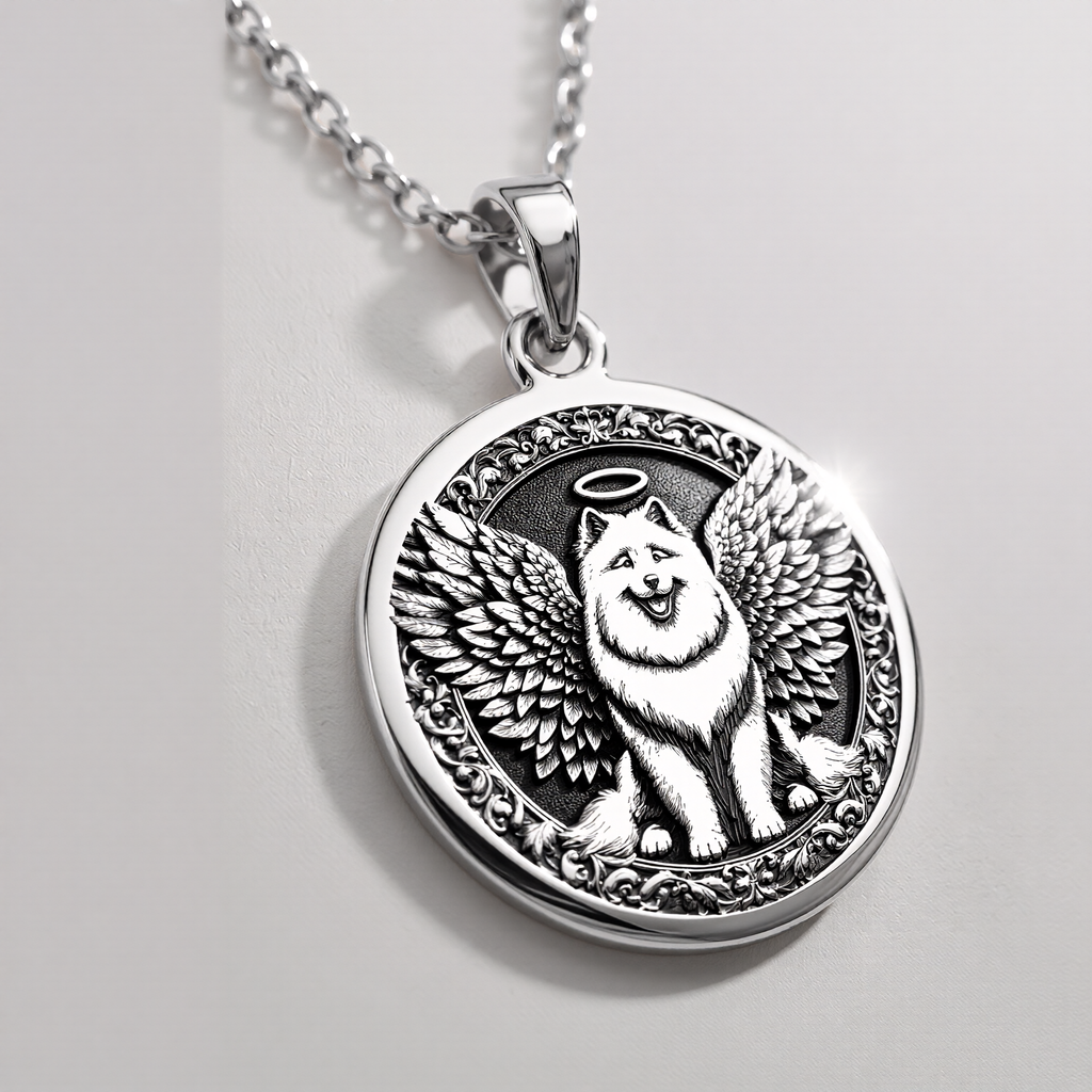 Angel Dog Samoyed Medallion Pendants 925 925 Sterling Silver winged dog pendant necklace with circular frame