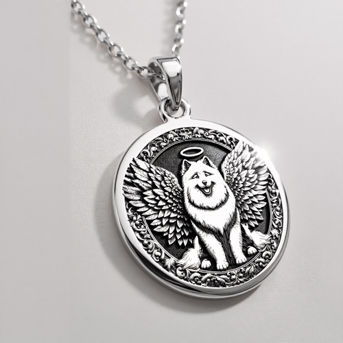 Angel Dog Samoyed Medallion Pendants 925 925 Sterling Silver winged dog pendant necklace with circular frame
