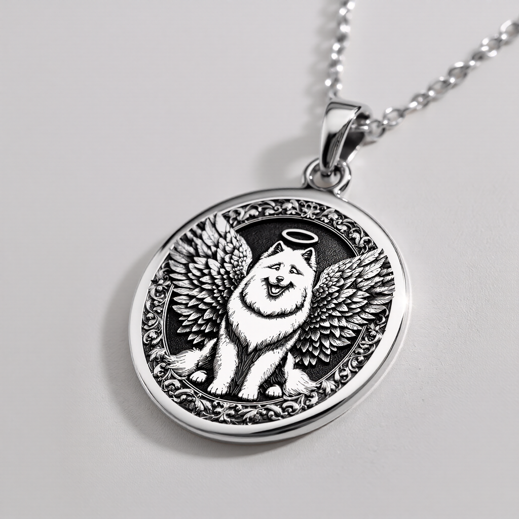 Angel Dog Samoyed Medallion Pendants 925 925 Sterling Silver dog with wings and halo pendant necklace