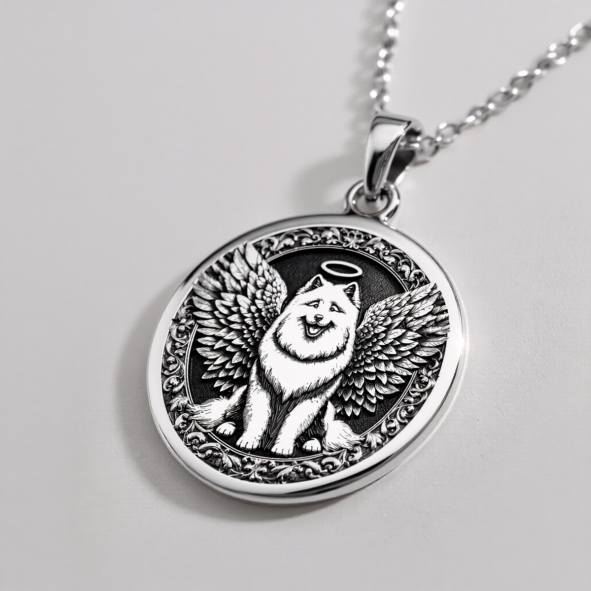 Angel Dog Samoyed Medallion Pendants 925 925 Sterling Silver dog with wings and halo pendant necklace