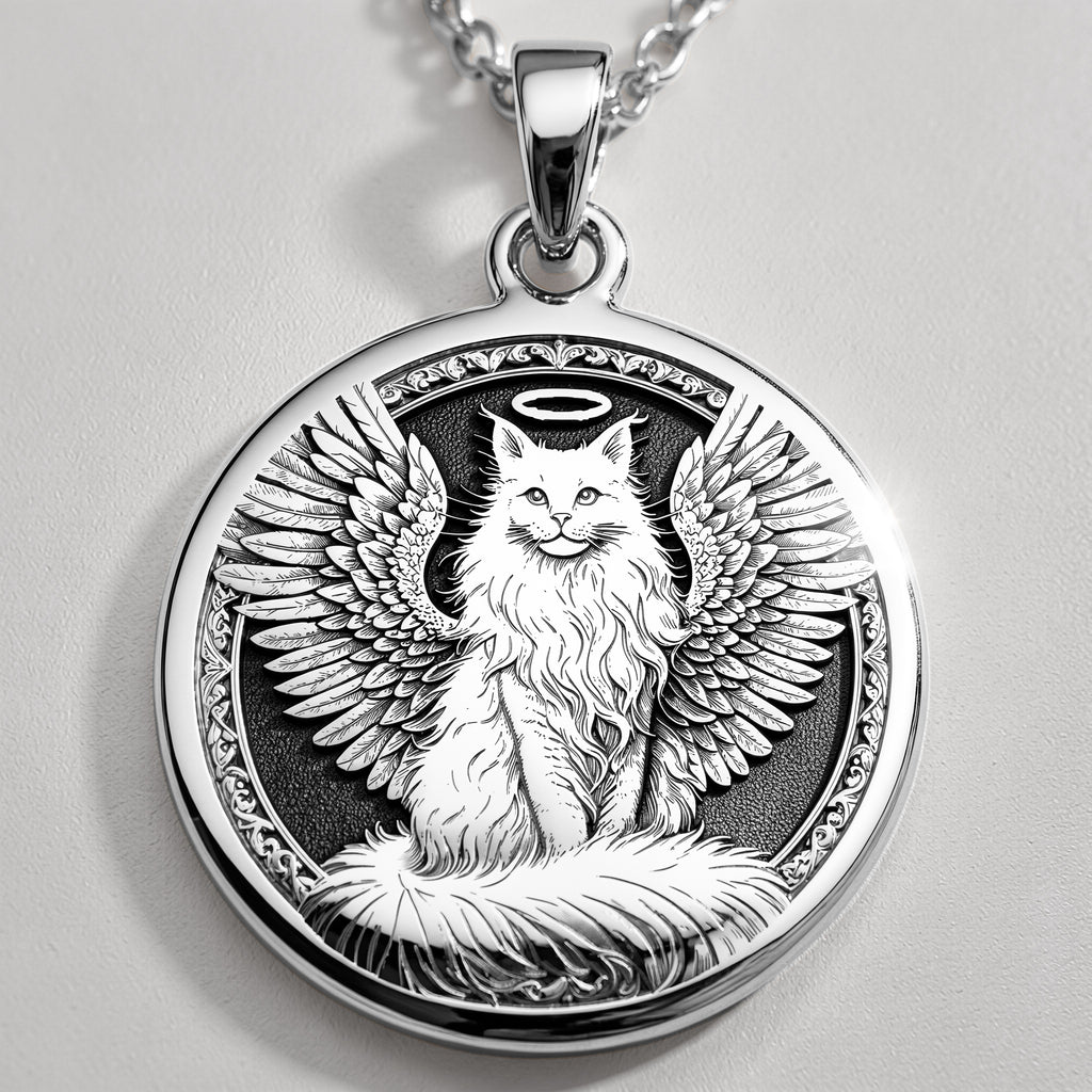 Angel Cat Medallion Pet Memorial Pendant Pendants 925 925 Sterling Silver sterling silver winged feline pendant necklace with detailed engraving.