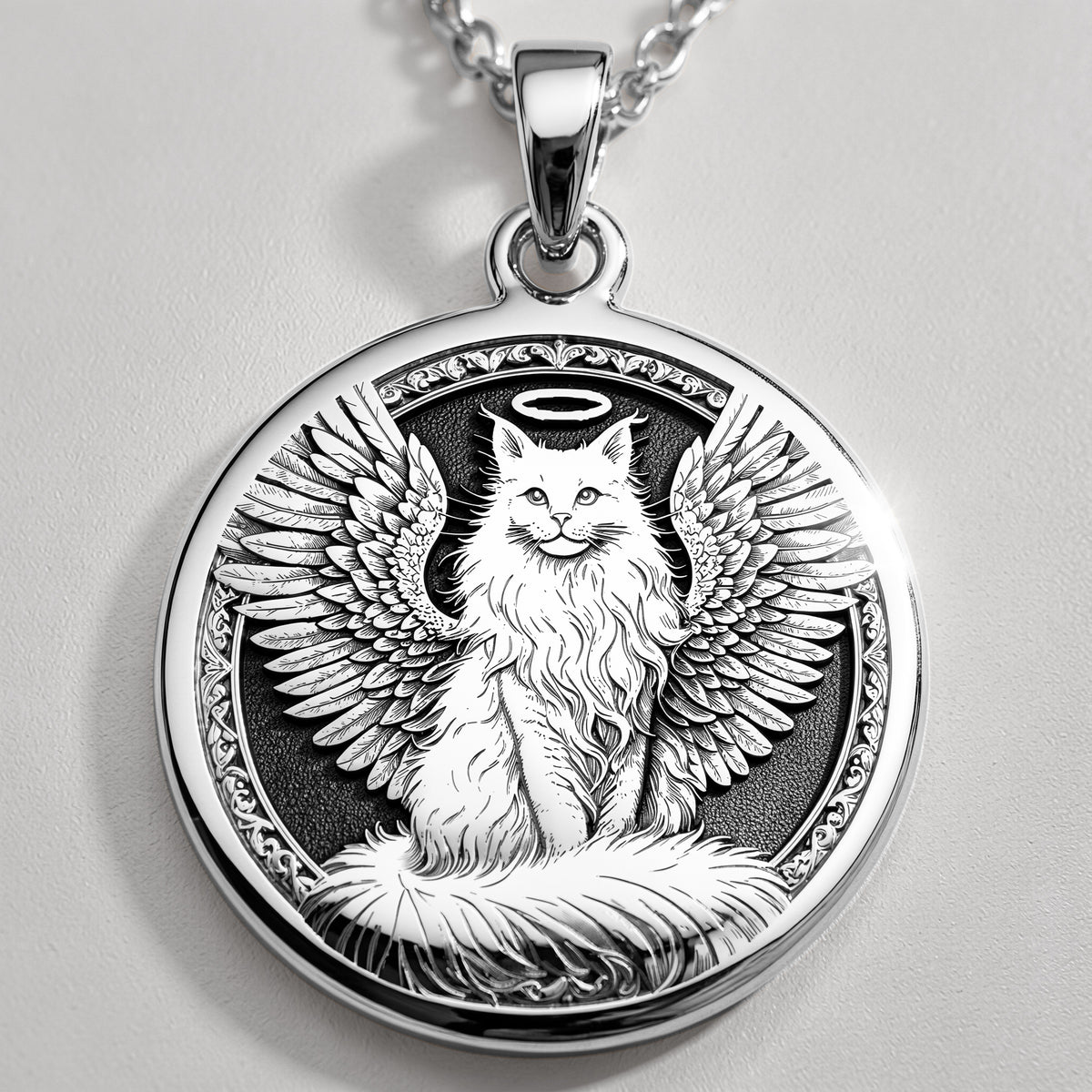 Angel Cat Medallion Pet Memorial Pendant Pendants 925 925 Sterling Silver sterling silver winged feline pendant necklace with detailed engraving.