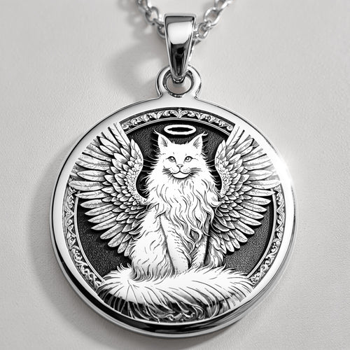 Angel Cat Medallion Pet Memorial Pendant Pendants 925 925 Sterling Silver sterling silver winged feline pendant necklace with detailed engraving.