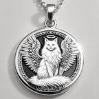 Angel Cat Medallion Pet Memorial Pendant Pendants 925 925 Sterling Silver sterling silver winged feline pendant necklace with detailed engraving.
