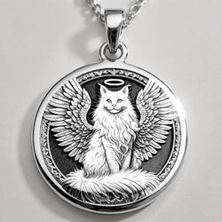 Angel Cat Medallion Pet Memorial Pendant Pendants 925 925 Sterling Silver sterling silver winged feline pendant necklace with detailed engraving.