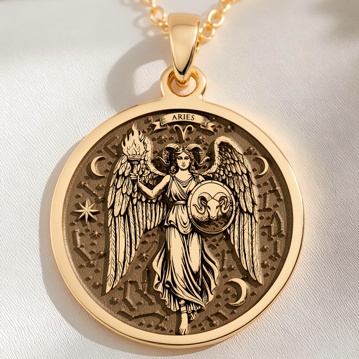 Aries Ram Zodiac Pendant Pendants 14K 14K Gold Plated winged angel pendant with celestial design and crescent moons necklace