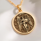 Aries Ram Zodiac Pendant Pendants 14K 14K Gold Plated plated round pendant featuring a winged celestial figure design with stars and moons.